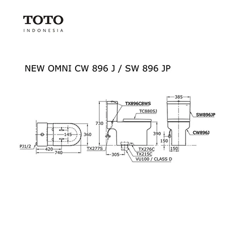 TOTO OMNI+ CW 896 J / SW 896 JP Pcs Rough-In: 180 mm (P-Trap) - Surabaya