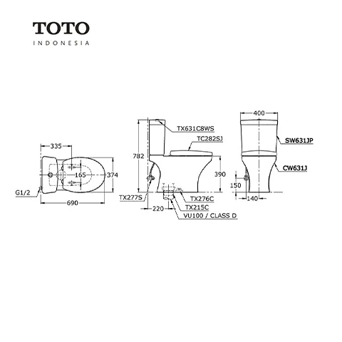 TOTO CW 631 J / SW 631 JP Pcs Rough-In: 180 mm (P-Trap) - Surabaya