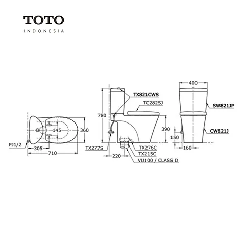 TOTO Avante CW 821 PJ / SW 821 JP Pcs Rough-In: 220 mm (S-Trap) - Surabaya